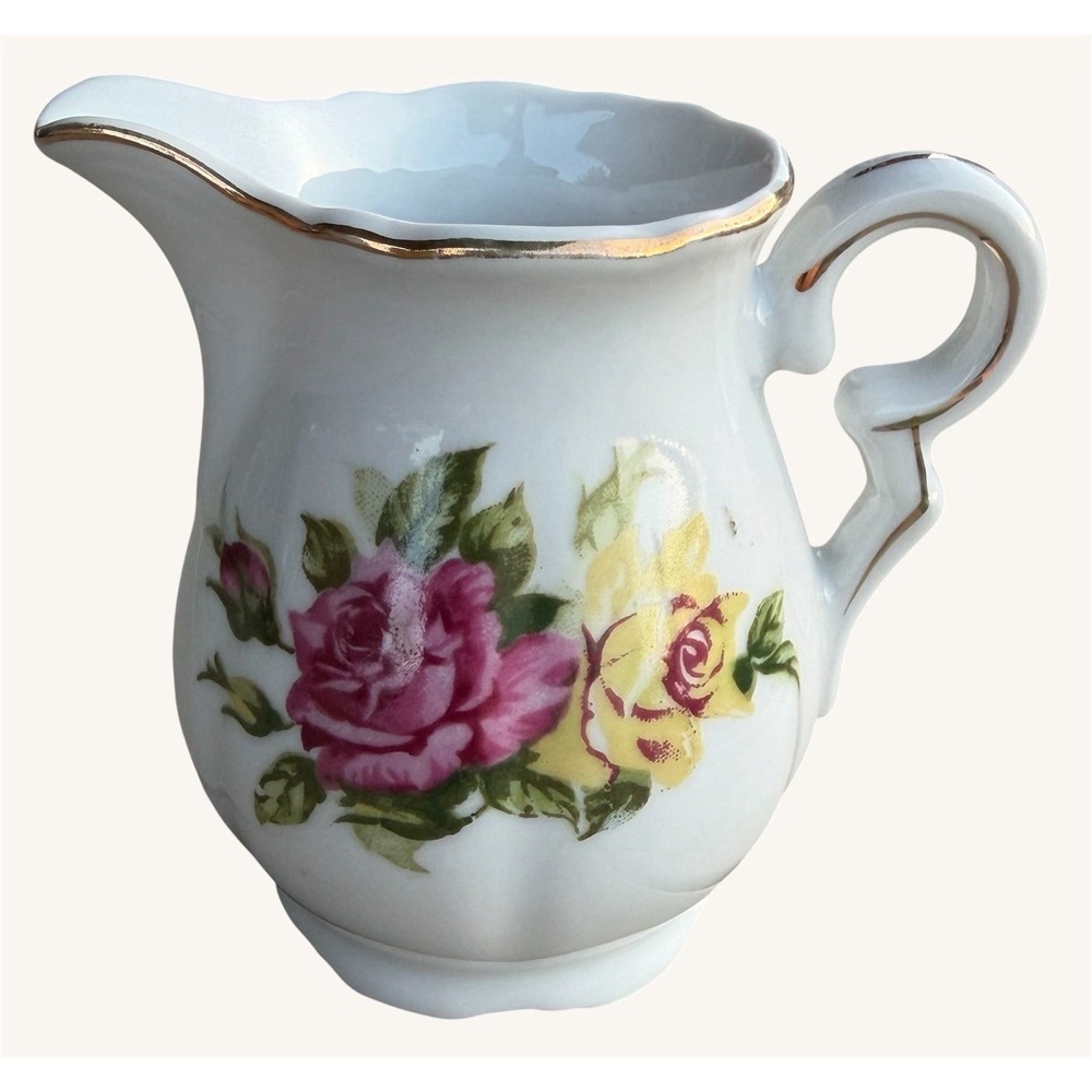 Vintage Enesco Porcelain Creamer Pink & Yellow Roses Scalloped Gold Trim
